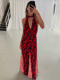 2026 Sexy Floral Polka Dot Patchwork Maxi Dress Women Halter Deep V Backless Robe