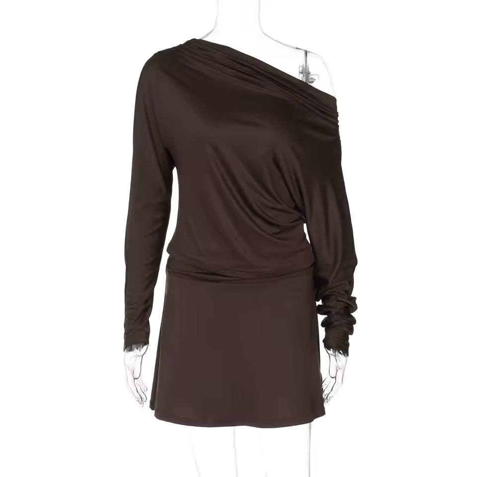 2026 Sexy One-Shoulder Neck Skirt Set Women Long Sleeve Slim Fit Mini Skirt Robe