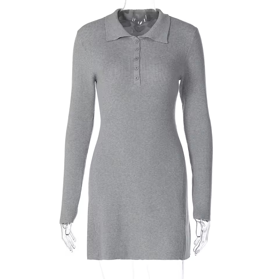 2026 Autumn Knit Polo Neck Mini Dress Women Slim Fit Long Sleeve Solid Bodycon Ribbed Robe