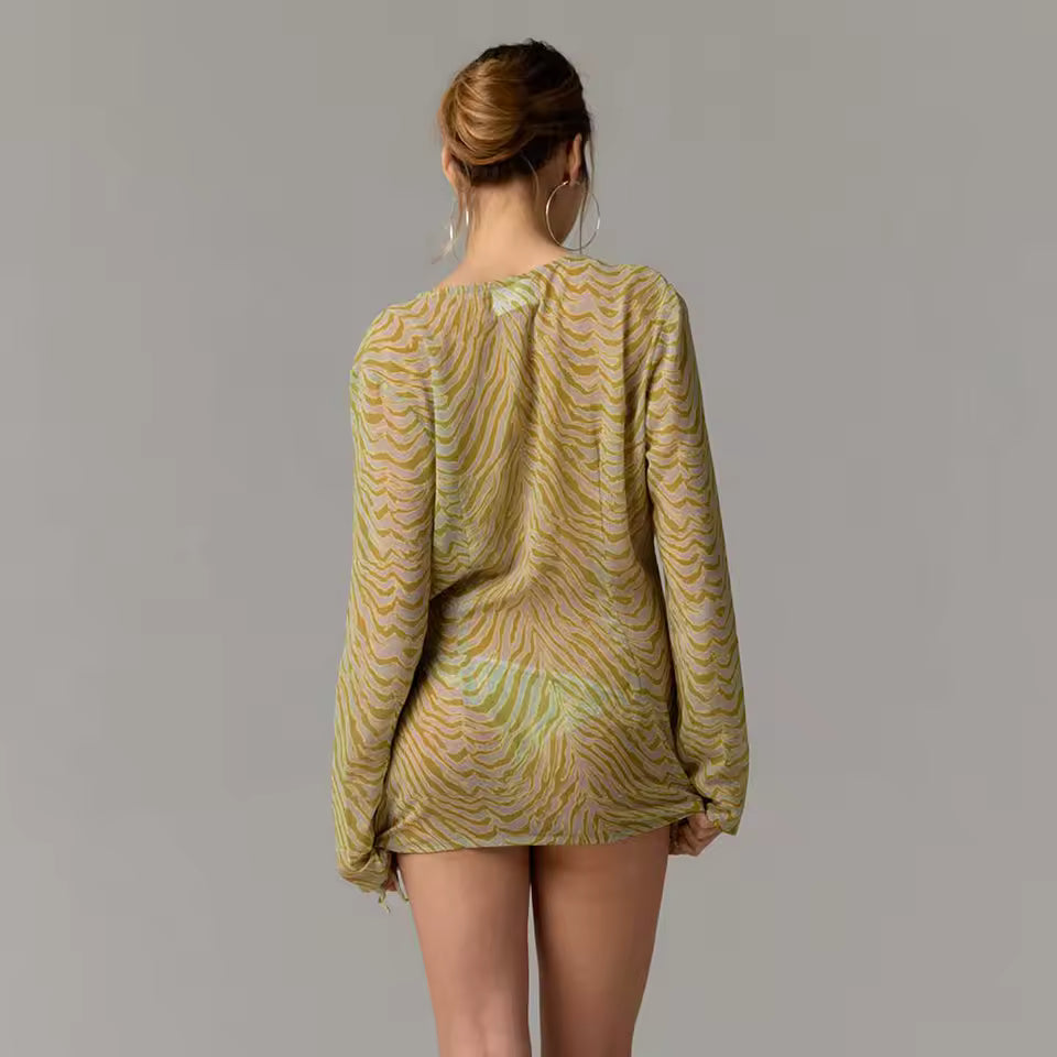 Y2K Sexy Mesh Mini Dress Water Ripple Print Side Ruched Lace Up V-Neck Long Sleeve Party Clubwear Date Night Vacation Outfit