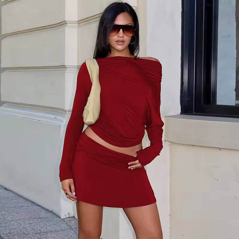 2026 Sexy One-Shoulder Neck Skirt Set Women Long Sleeve Slim Fit Mini Skirt Robe