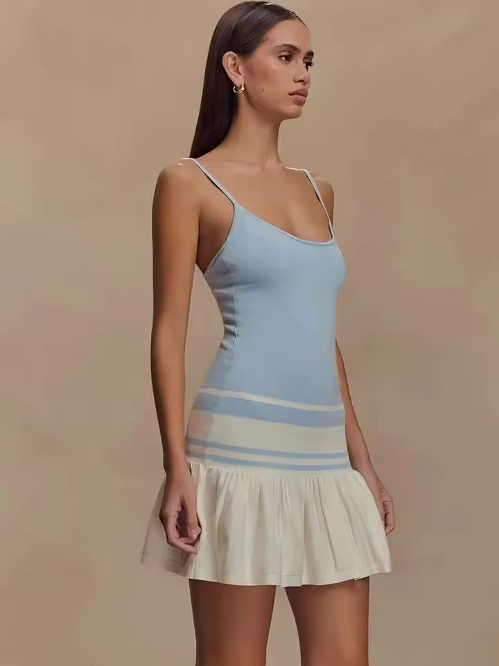 2026 Summer Knitted Stripe Mini Dress Women Sexy Patchwork Backless A-Line Slip Robe
