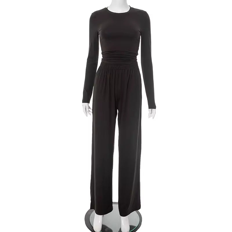 2026 Autumn Basic Wide Leg Pant Set Women Solid Crew Neck Long Sleeve Top Loose Robe