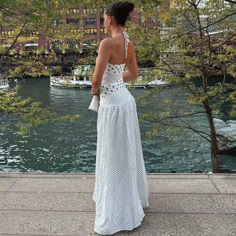 Vintage Halter Neck Polka Dot Dress Women Sexy Backless Ruched Long Dress for Summer Holiday