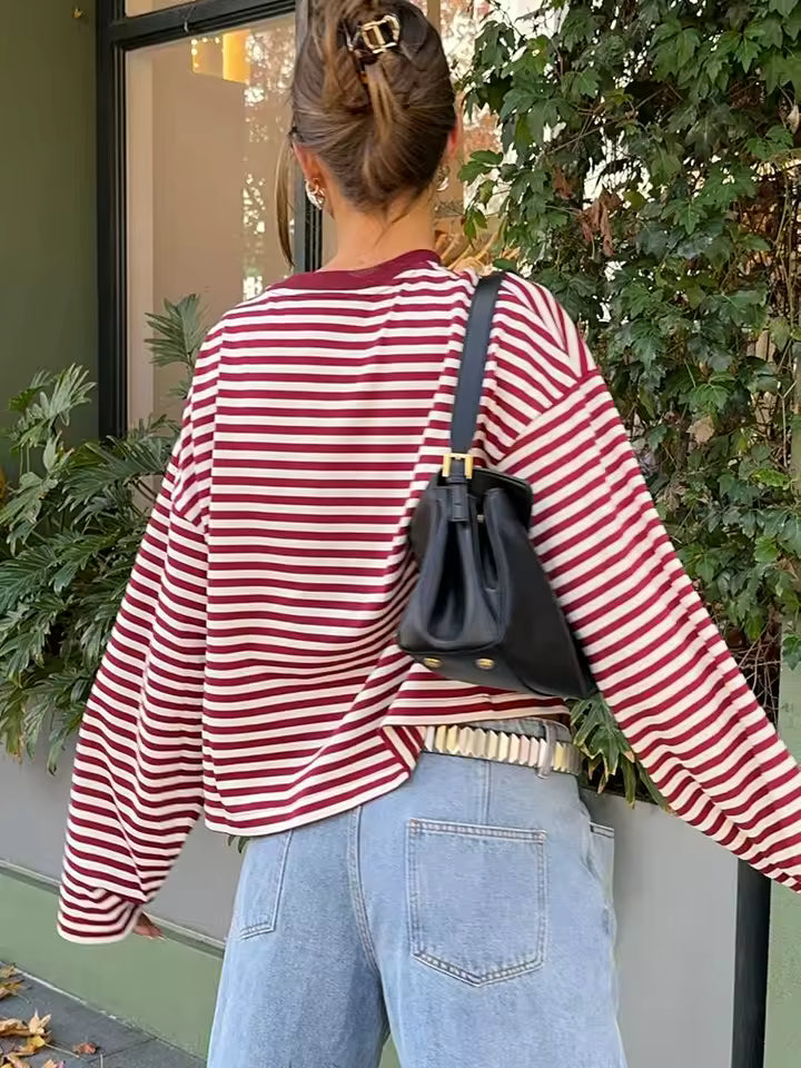 2026 Autumn Stripe Patchwork T-Shirt Women Loose O-Neck Long Sleeve Top Robe