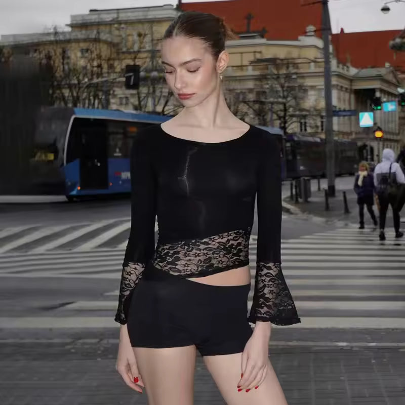 Dark Academia Lace Trimmed Top Women Sexy Fluted Sleeve Asymmetrical Gowns