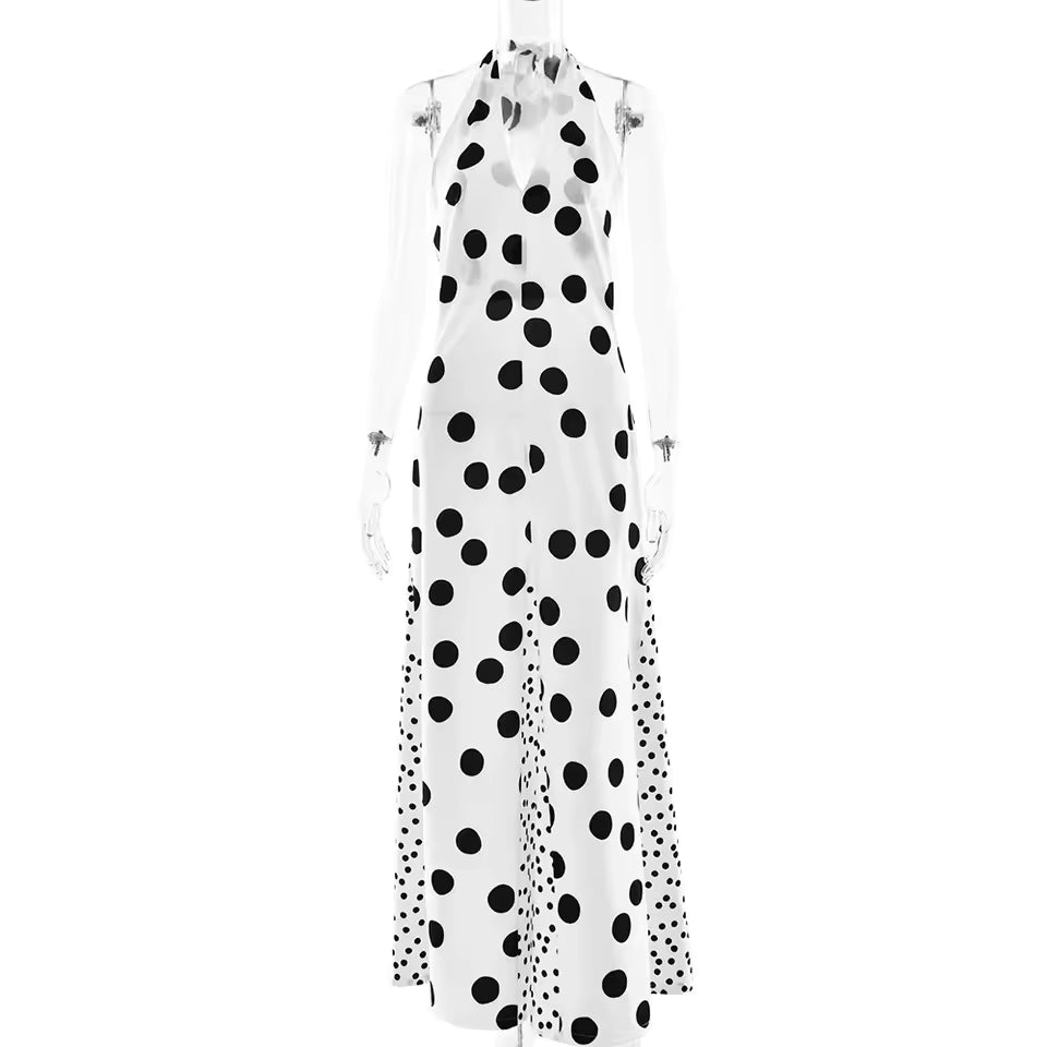 2026 Sexy Floral Polka Dot Patchwork Maxi Dress Women Halter Deep V Backless Robe