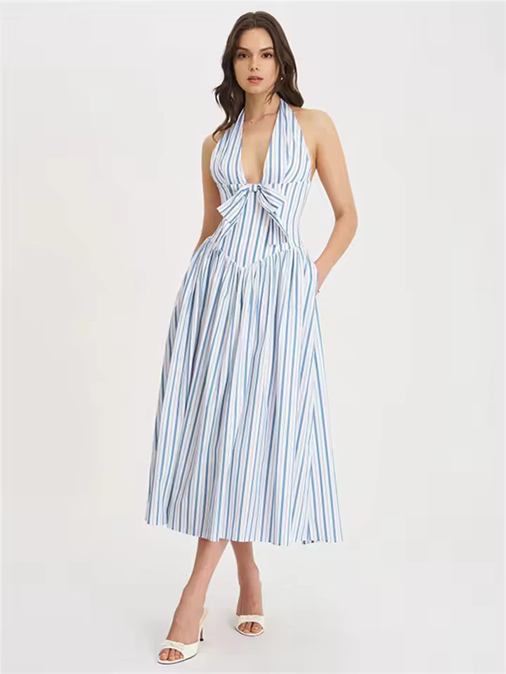 Women’s Elegant Stripe Maxi Dress Sexy Deep V-Neck Halter Backless Summer Party Dress Spliced Bow Slim Fit Long Vestidos
