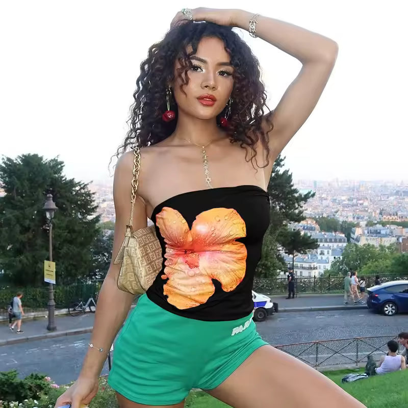 2026 Sexy Strapless Flower Printed Crop Top Women Sleeveless Floral Tube Top Robe