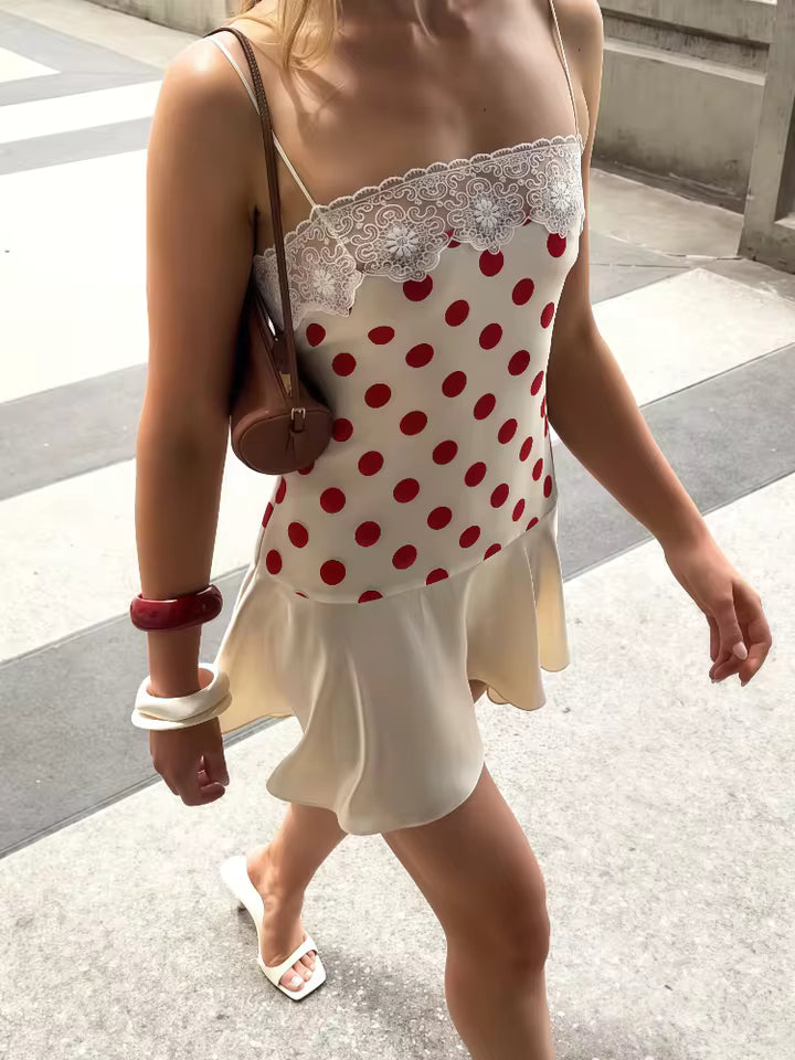 2026 Sexy Satin Polka Dot Mini Dress Women Lace Trim Backless Spaghetti Strap Slip Dress
