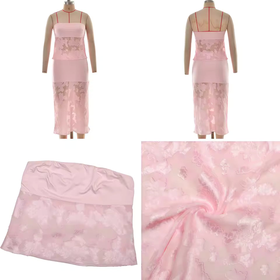 Boho Chic Sheer Mesh Skirt Set Women Sexy Strapless Jacquard Slim Bodycon Gowns