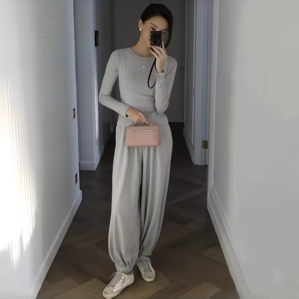 2026 Fall Women's Two Piece Set O-Neck Long Sleeve Top Cuffed Jogger Pants Sweatshirt Robe