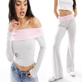 2026 Sexy Contrast Patchwork Pant Set Women Off Shoulder Crop Top Fold Over Flared Trousers Robe