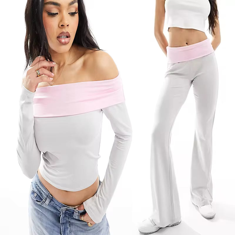 2026 Sexy Contrast Patchwork Pant Set Women Off Shoulder Crop Top Fold Over Flared Trousers Robe
