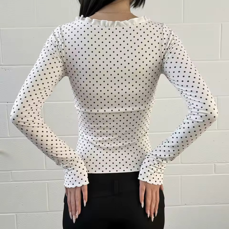 Chic Y2K Polka Dot Ruffled Top Women Sexy Lace Patchwork Hollow Out Gown