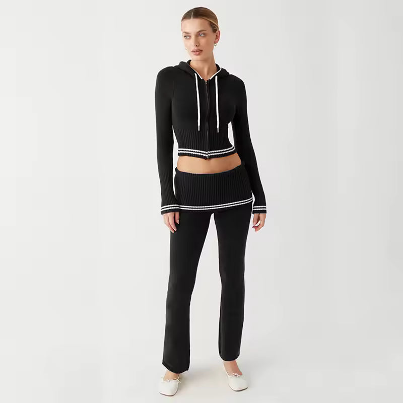2026 Winter Striped Contrast 2 Piece Set Women Zipper Hooded Crop Jacket Flare Pant Robe