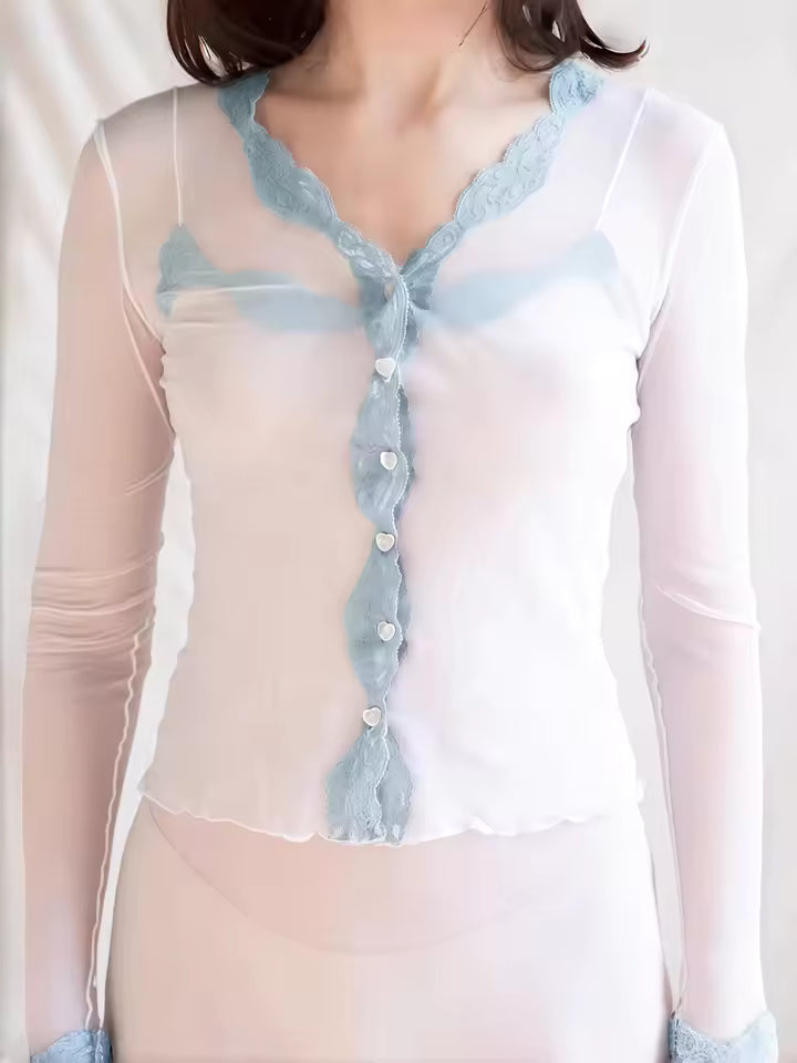 2026 Sexy Lace Trimmed Mesh Cardigan Women Long Sleeve V-Neck Sheer Layering Robes