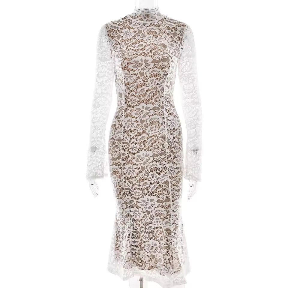 2026 Autumn Elegant Lace Long Sleeve Bodycon Dress Women Half High Neck Fishtail Robe