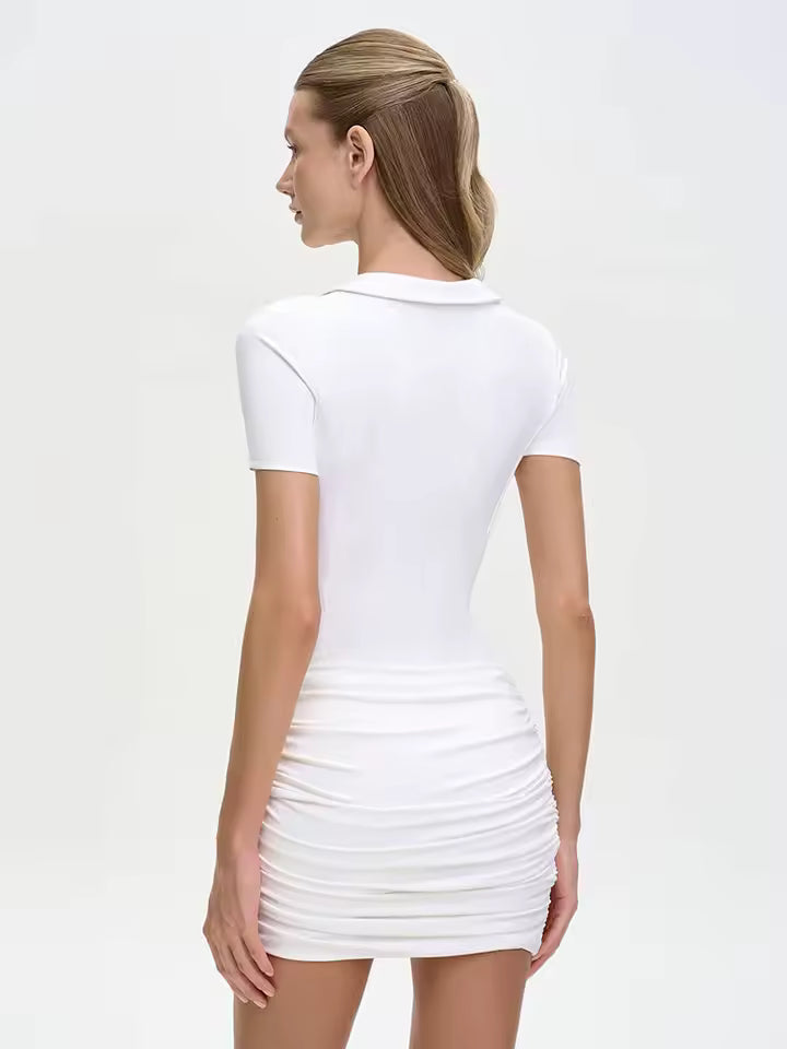 2026 Autumn Women's Zip Up Polo Mini Dress Boned Corset Waist Slim Bodycon Party Robe