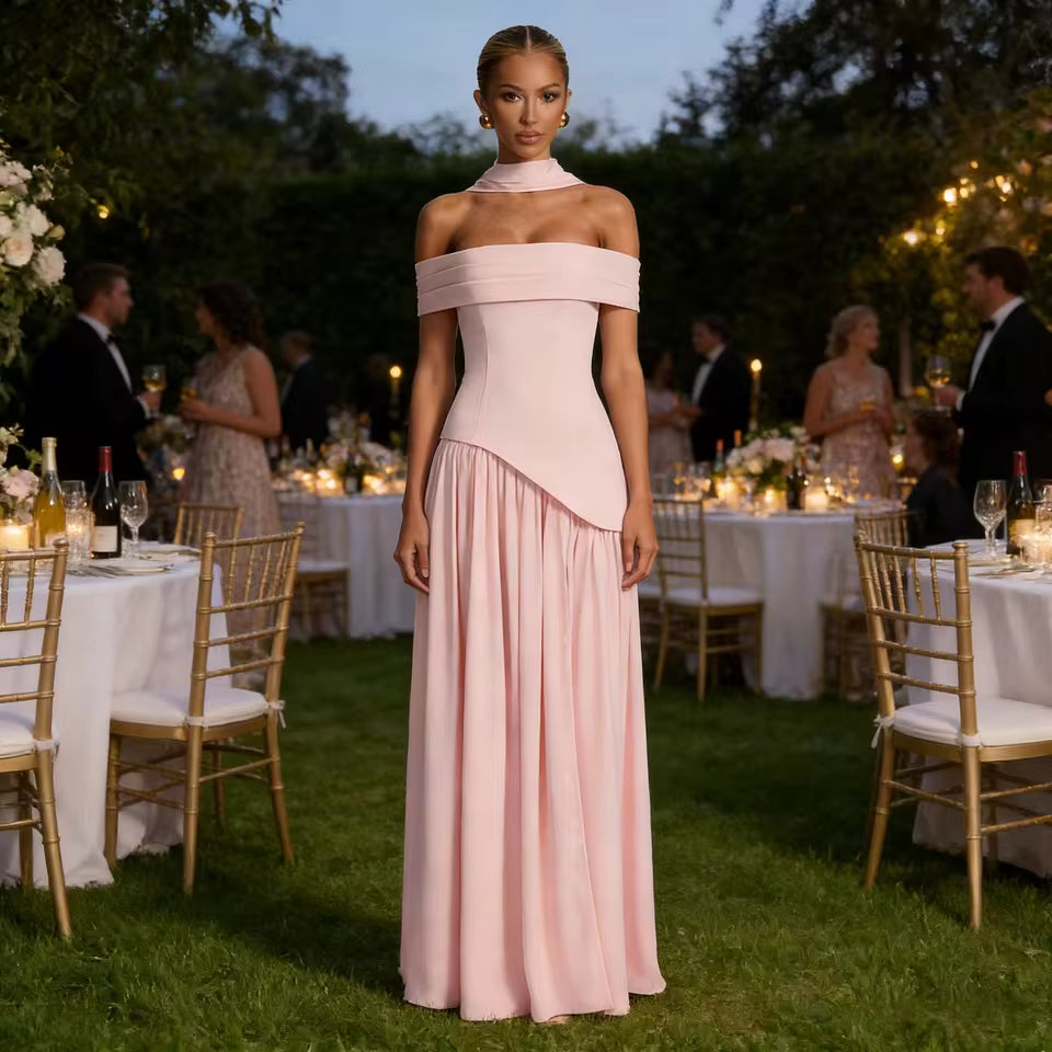 2026 Autumn Elegant Scarf Neck Maxi Dress Women Ruched High Slit Draped Robe