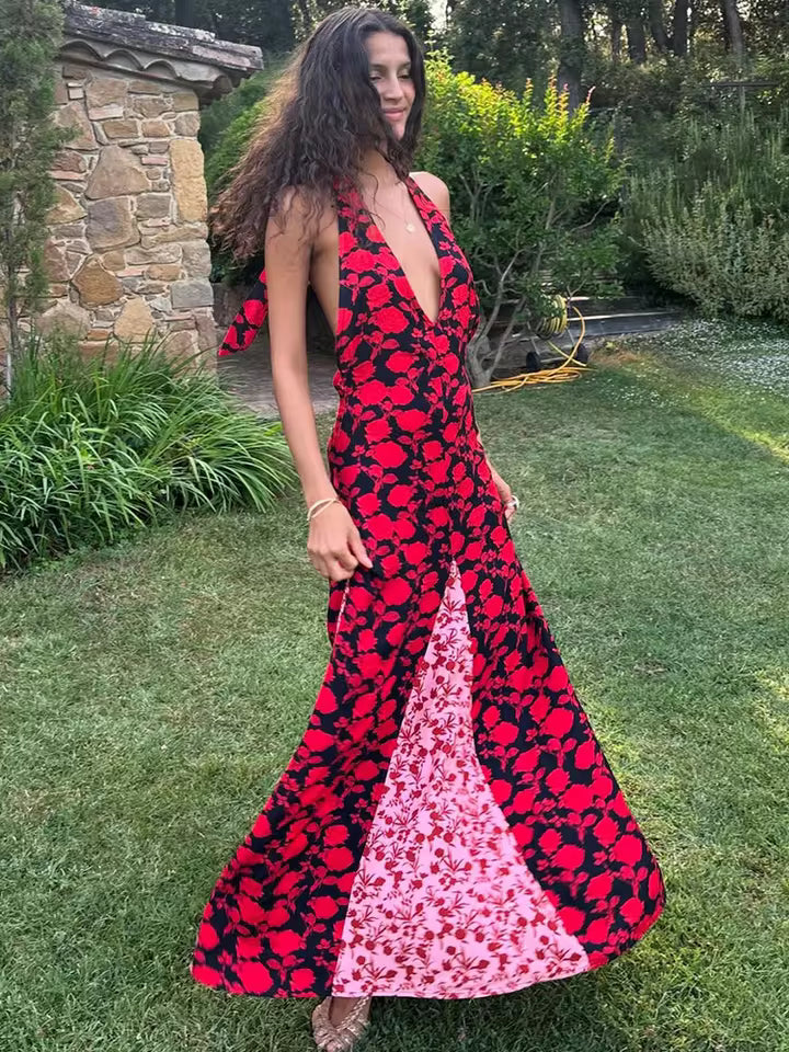 2026 Sexy Floral Polka Dot Patchwork Maxi Dress Women Halter Deep V Backless Robe