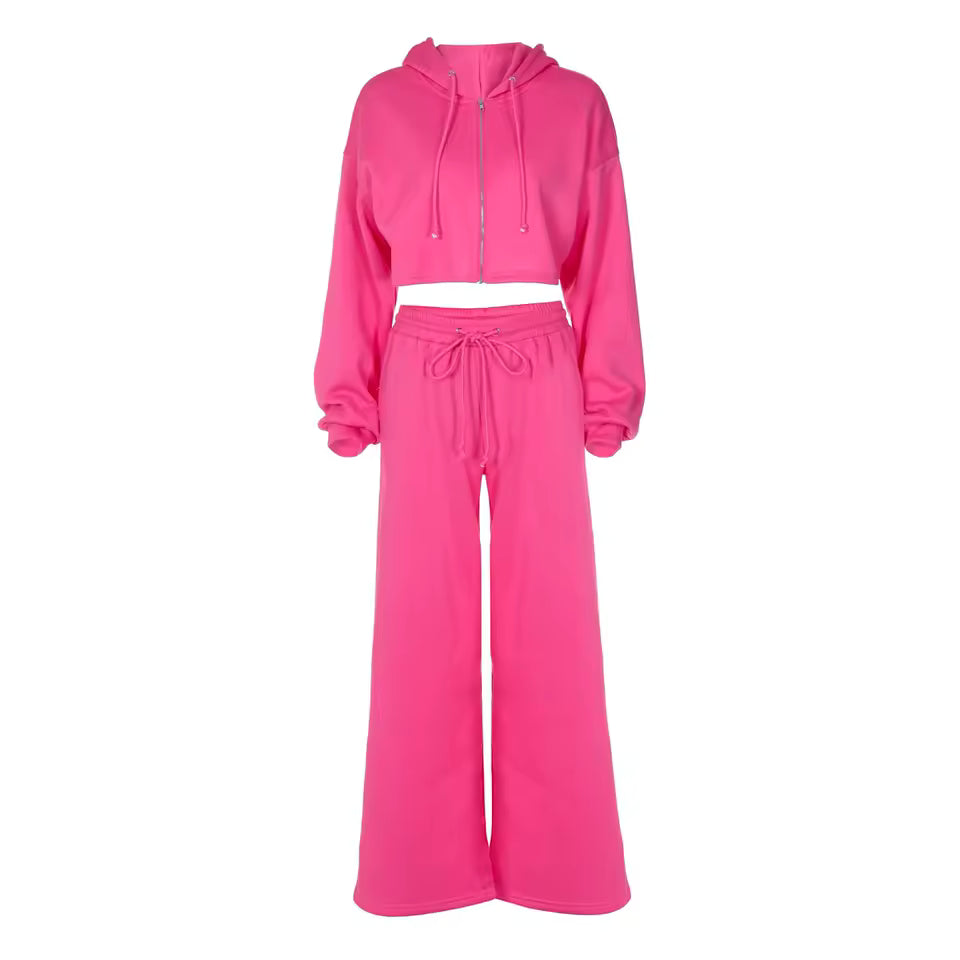 2026 Autumn Hoodie Flare Pants 2 Piece Set Women Zipper Hooded Slim Robe