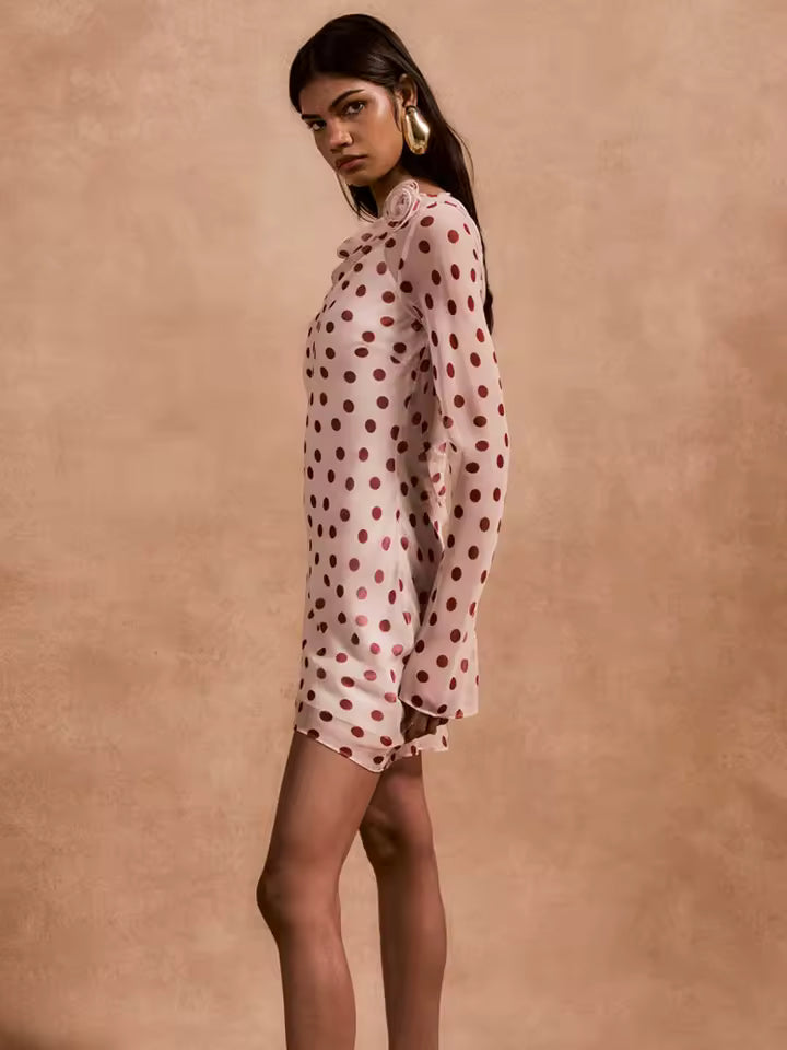 Transparent Polka Dot Chiffon Dress Women Sexy Swing Neck Long Sleeve Slim Fit Club Gowns