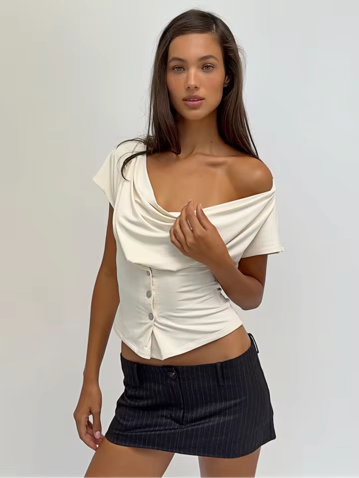 Chic Asymmetric Draped Tee Women Sexy One-Shoulder Ruched Waist Button Gown