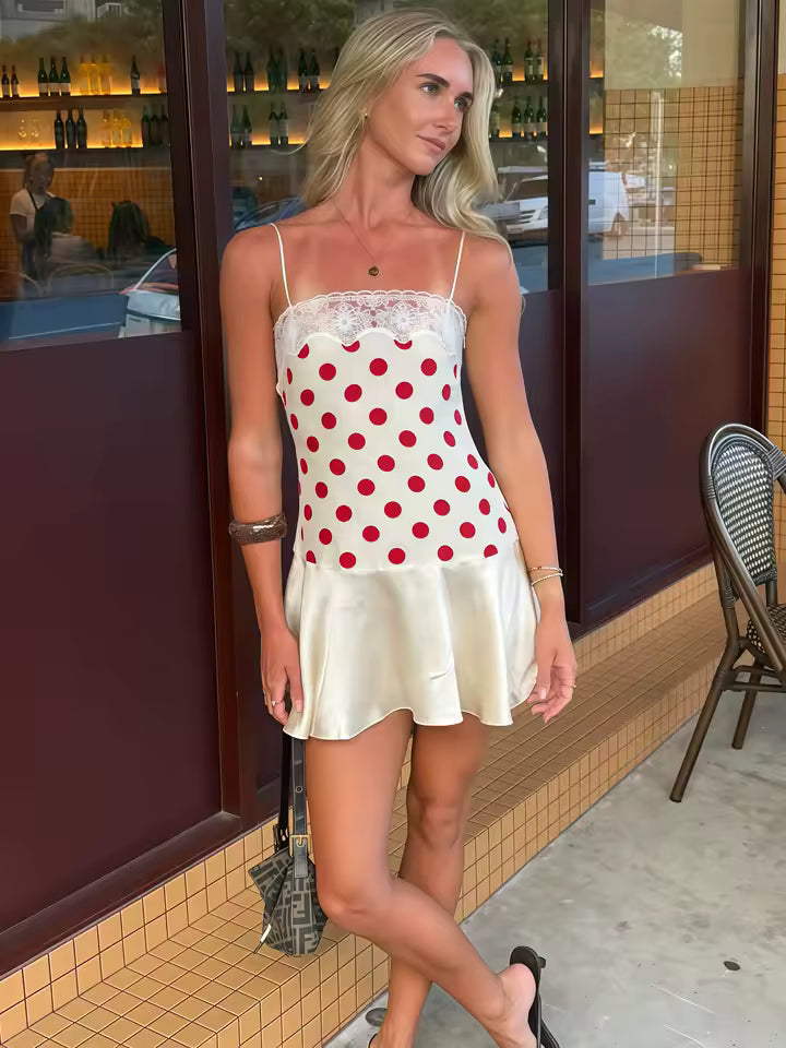 2026 Sexy Satin Polka Dot Mini Dress Women Lace Trim Backless Spaghetti Strap Slip Dress