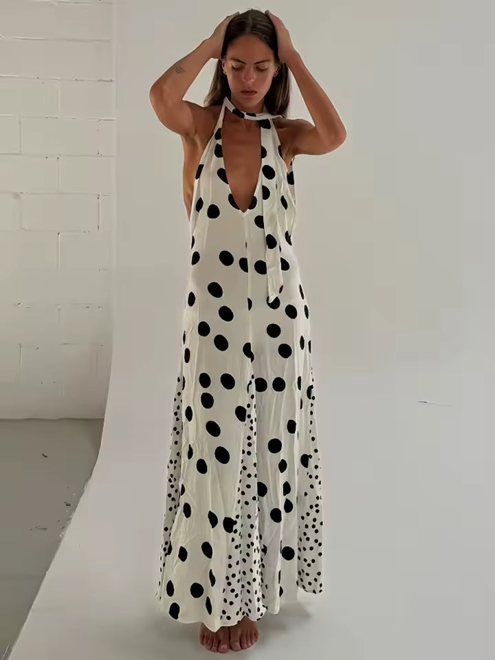 2026 Sexy Floral Polka Dot Patchwork Maxi Dress Women Halter Deep V Backless Robe