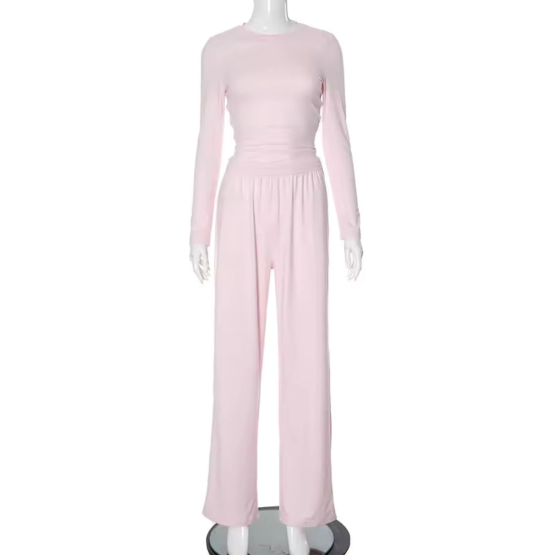 2026 Autumn Basic Wide Leg Pant Set Women Solid Crew Neck Long Sleeve Top Loose Robe