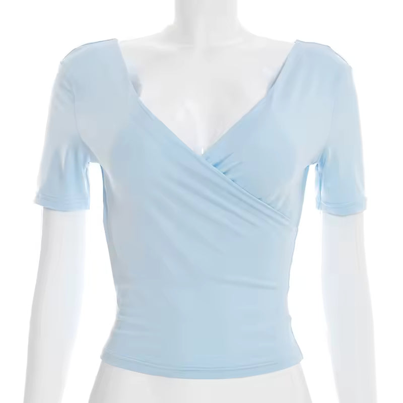exy Backless V Neck Crop Top Women Ruched Front Cross Slim Fit Short Sleeve Solid Basic Tee Y2K Spicy Girl Streetwear Outfit