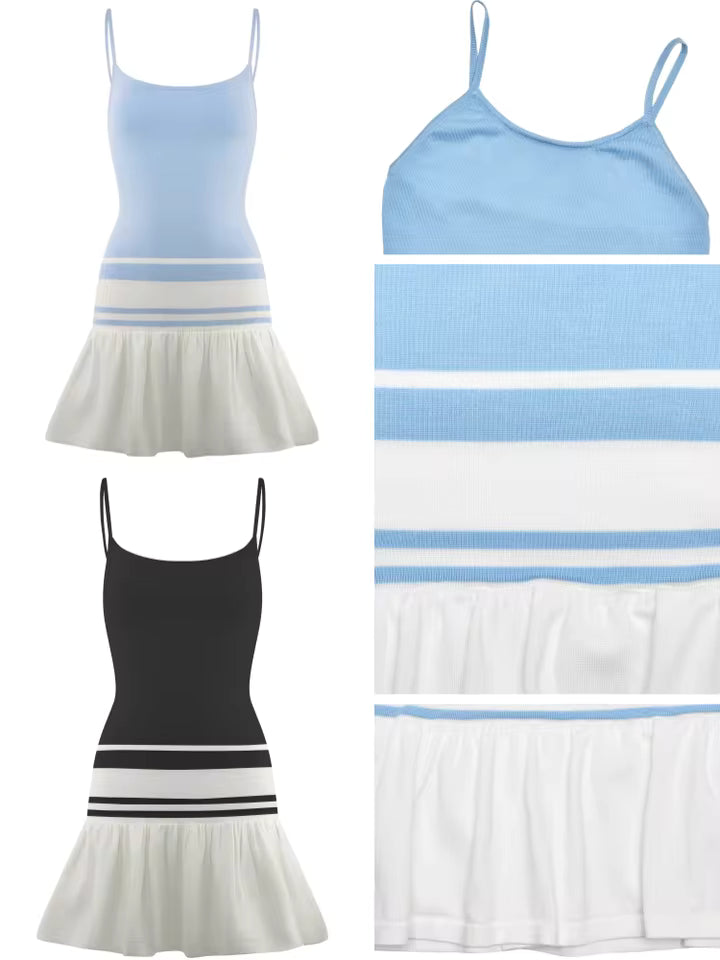 2026 Summer Knitted Stripe Mini Dress Women Sexy Patchwork Backless A-Line Slip Robe