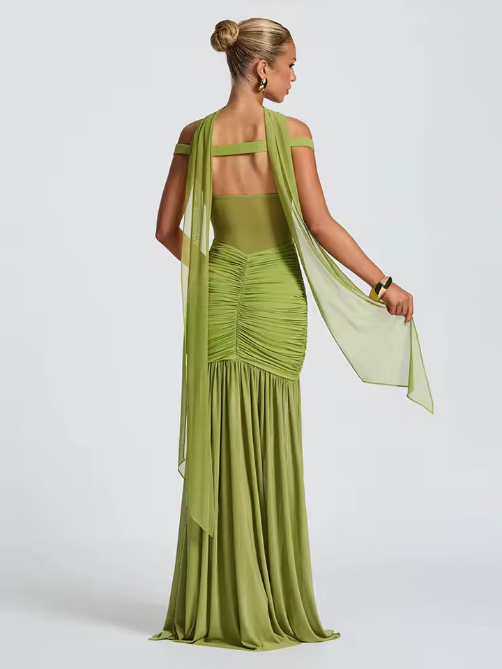 Mesh Ruched V Neck Split Maxi Dress Women's Halter Scarf Strapless Tank Backless Elegant Evening Dress Summer Partywear