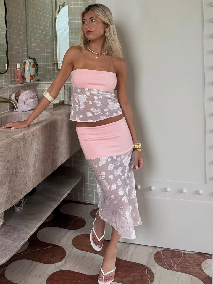 Boho Chic Sheer Mesh Skirt Set Women Sexy Strapless Jacquard Slim Bodycon Gowns