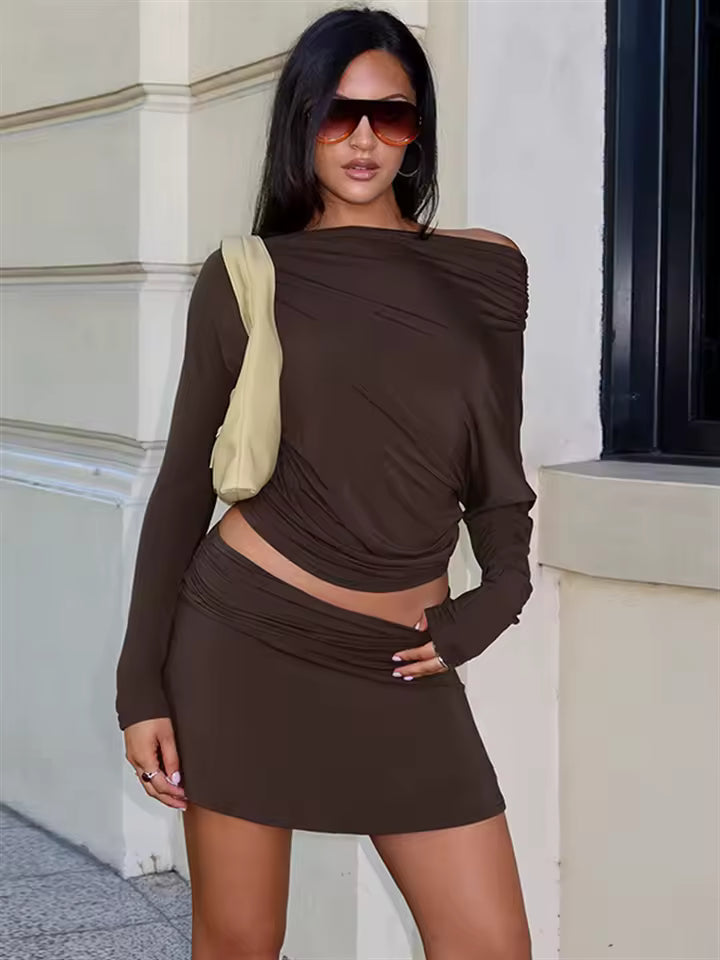 2026 Sexy One-Shoulder Neck Skirt Set Women Long Sleeve Slim Fit Mini Skirt Robe