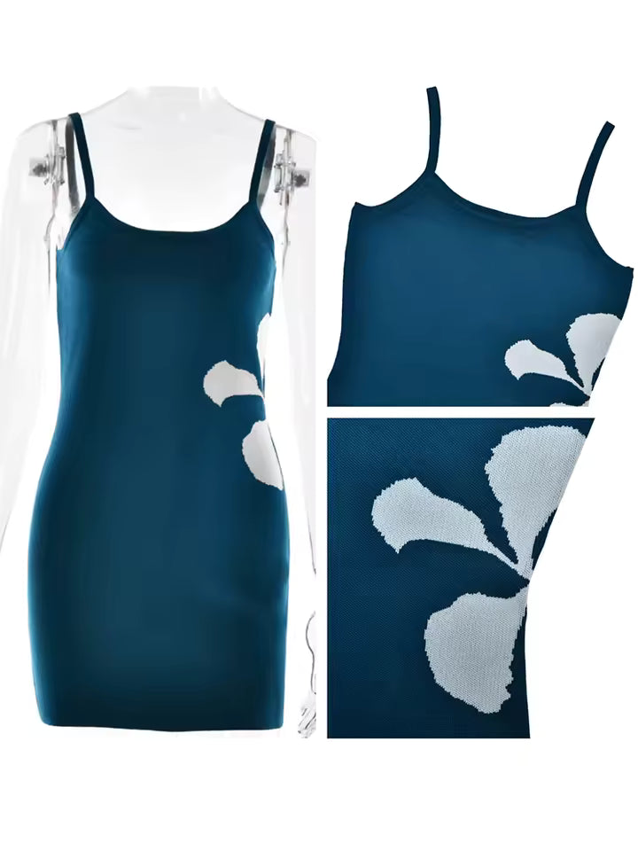 2026 Women's 3D Floral Applique Knit Mini Dress Sexy Slim Spaghetti Strap A-Line Sundresses