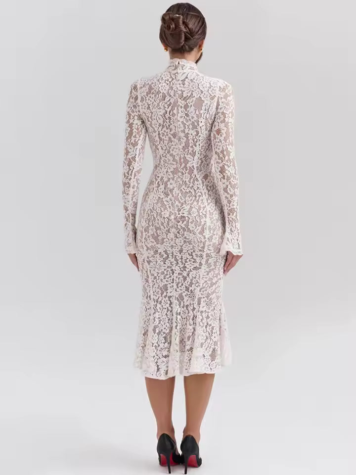 2026 Autumn Elegant Lace Long Sleeve Bodycon Dress Women Half High Neck Fishtail Robe