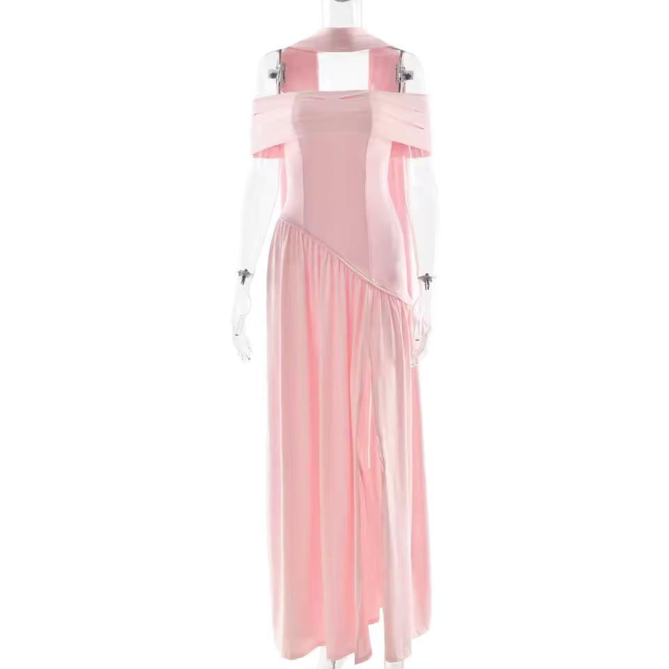 2026 Autumn Elegant Scarf Neck Maxi Dress Women Ruched High Slit Draped Robe