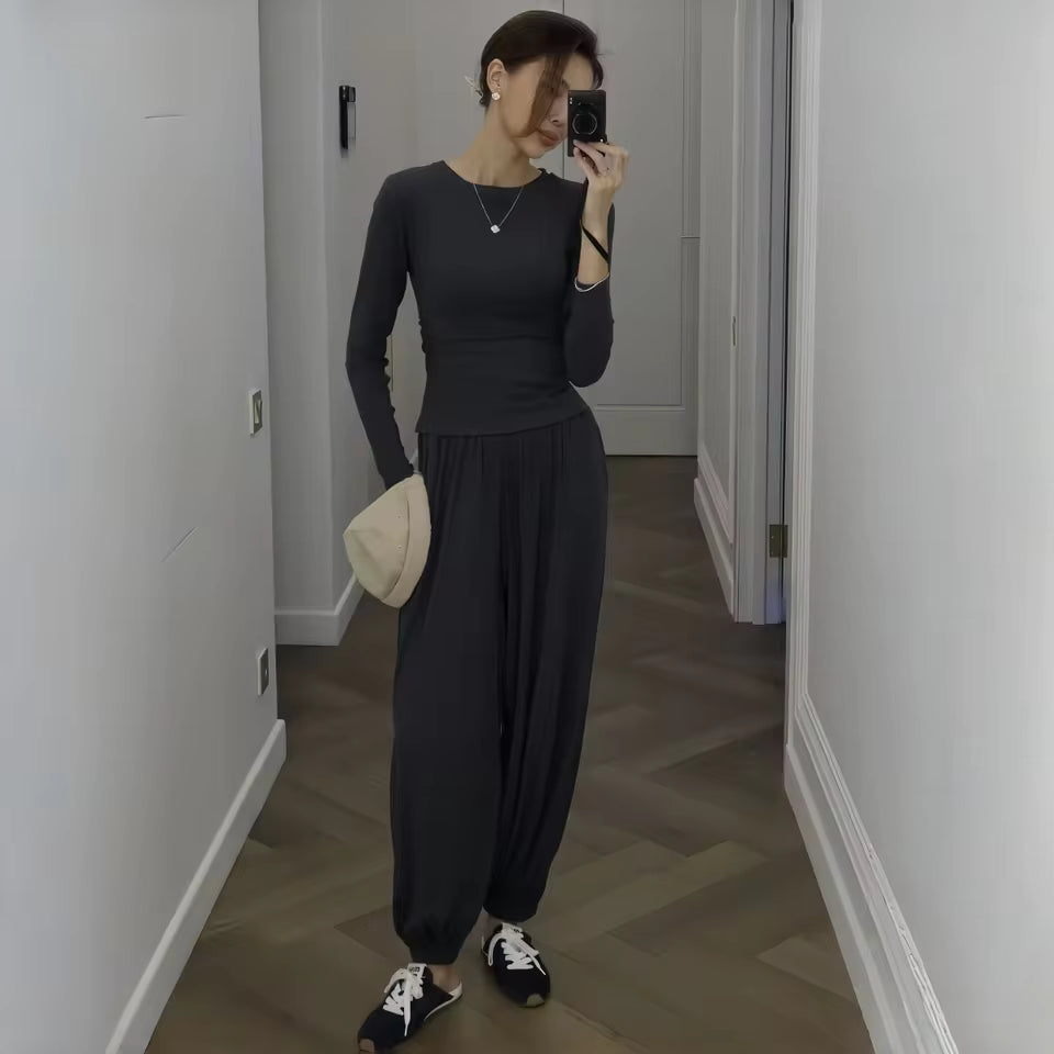 2026 Fall Women's Two Piece Set O-Neck Long Sleeve Top Cuffed Jogger Pants Sweatshirt Robe
