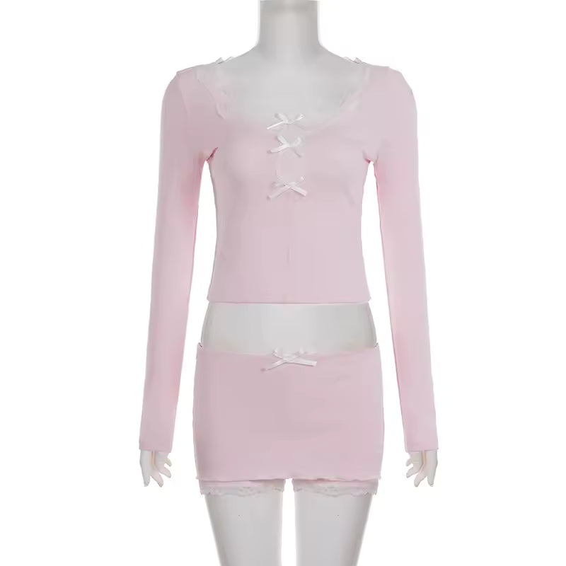 Chic Coquette Aesthetic 2 Piece Set Women Lace Patchwork Top Bodycon Skorts Gown