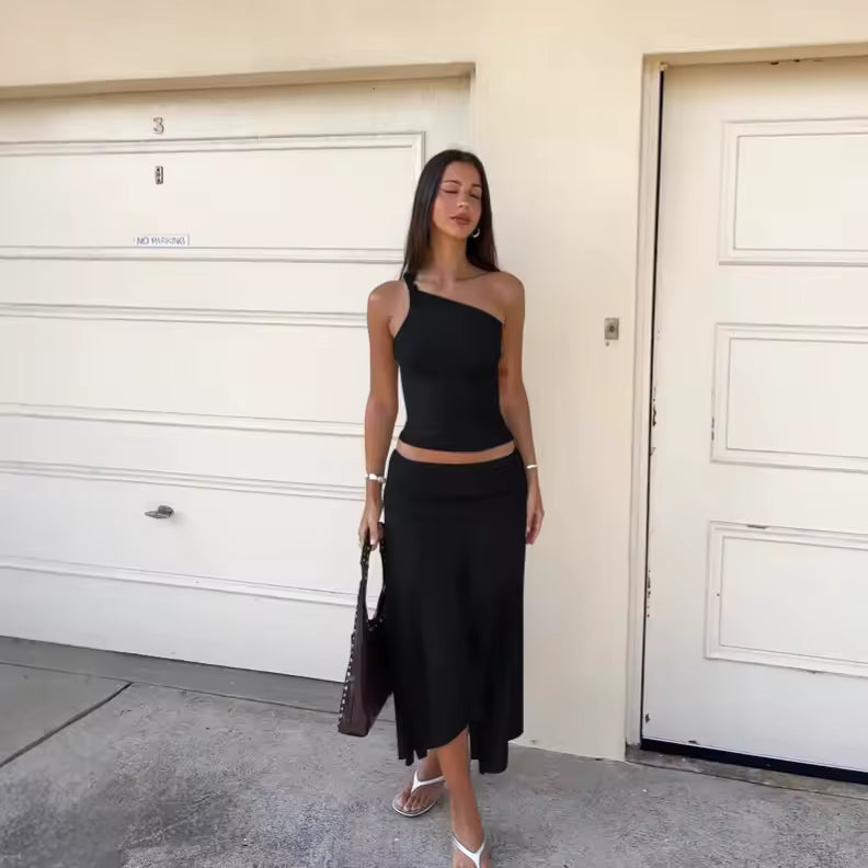 2026 Sexy Asymmetrical Neck Skirt Set Women One Shoulder Crop Top Fold Over Maxi Robe