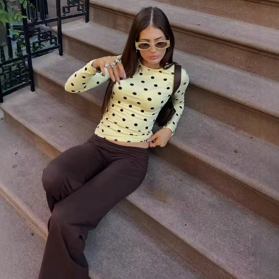 2026 Fall Polka Dot Print Long Sleeve T-Shirt Women Slim Fit O-Neck Base Robe