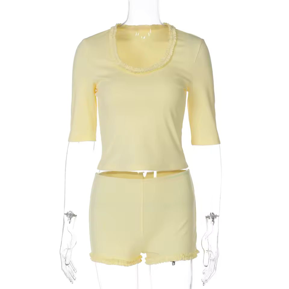 Chic Y2K Ruffle Trim 2 Piece Set Women Patchwork U-Neck Top Low Rise Shorts Gown