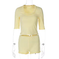 Chic Y2K Ruffle Trim 2 Piece Set Women Patchwork U-Neck Top Low Rise Shorts Gown