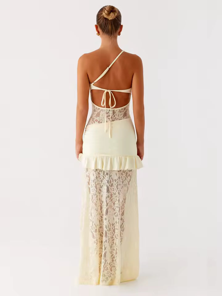 2026 Sexy Asymmetrical Neck Lace Patchwork Robe Women Backless Tie-Up Ruffled Gown