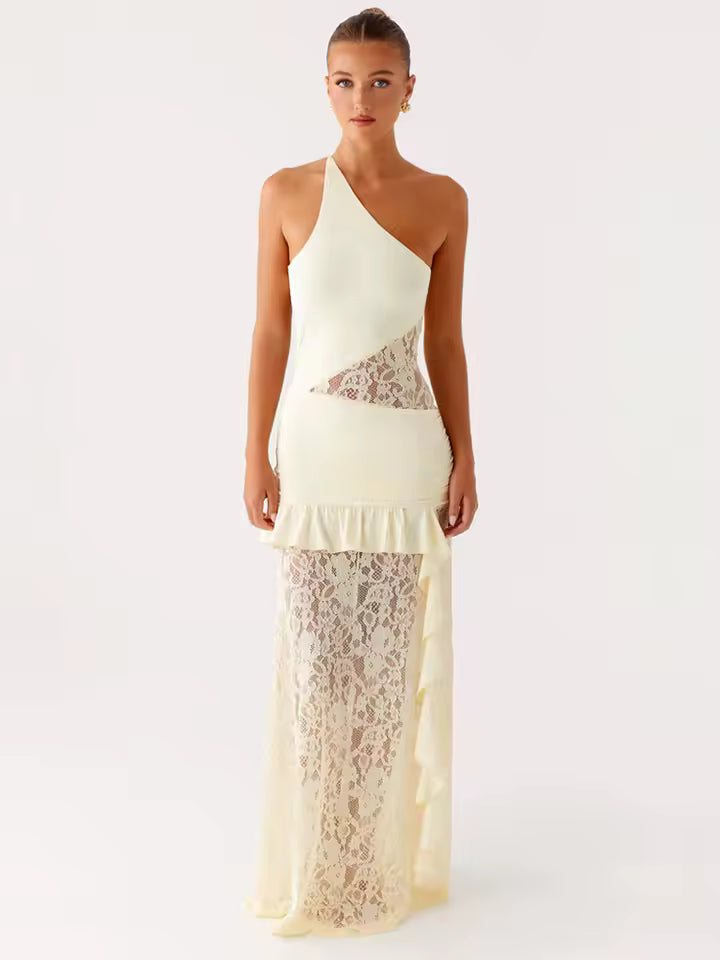 2026 Sexy Asymmetrical Neck Lace Patchwork Robe Women Backless Tie-Up Ruffled Gown