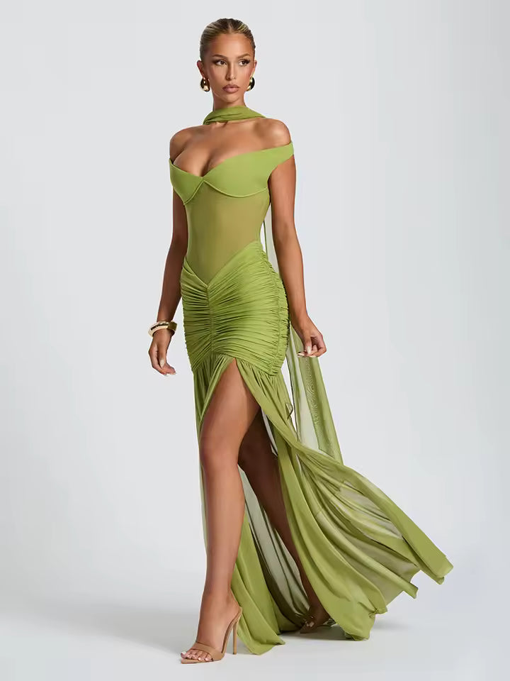 Mesh Ruched V Neck Split Maxi Dress Women's Halter Scarf Strapless Tank Backless Elegant Evening Dress Summer Partywear