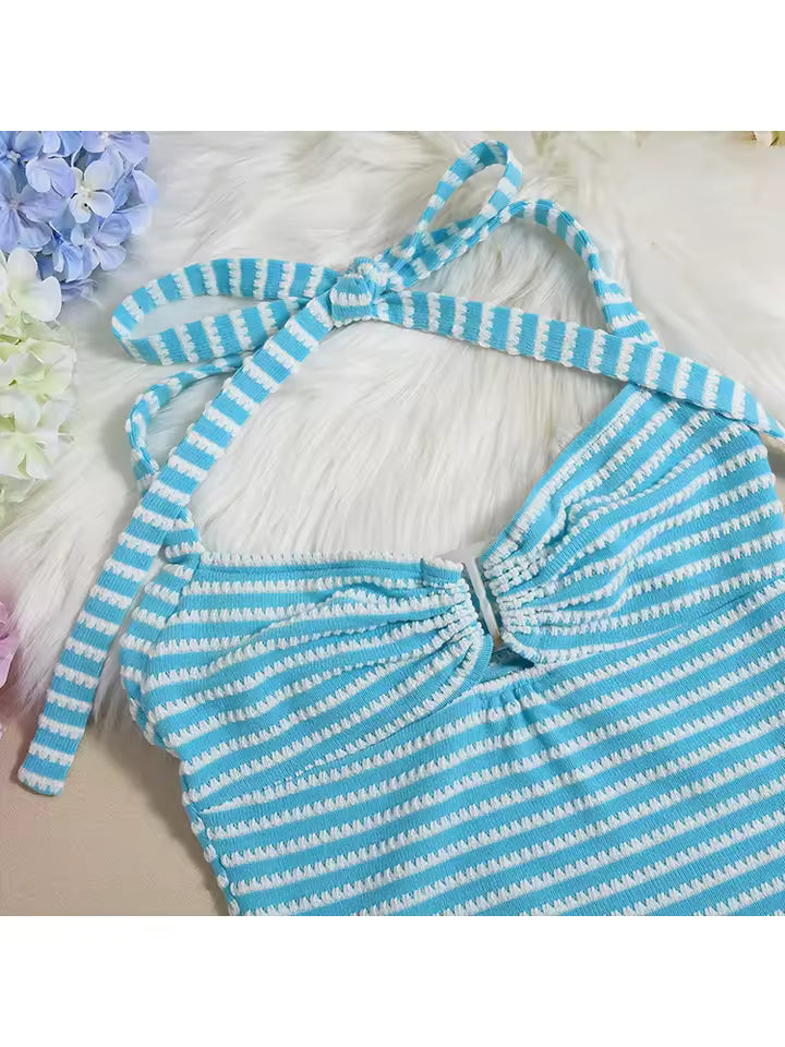 2026 Sexy Multicolor Striped Knit Set Women Backless Halter Crop Top Robes