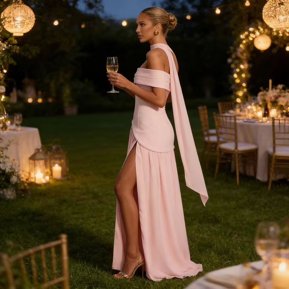 2026 Autumn Elegant Scarf Neck Maxi Dress Women Ruched High Slit Draped Robe